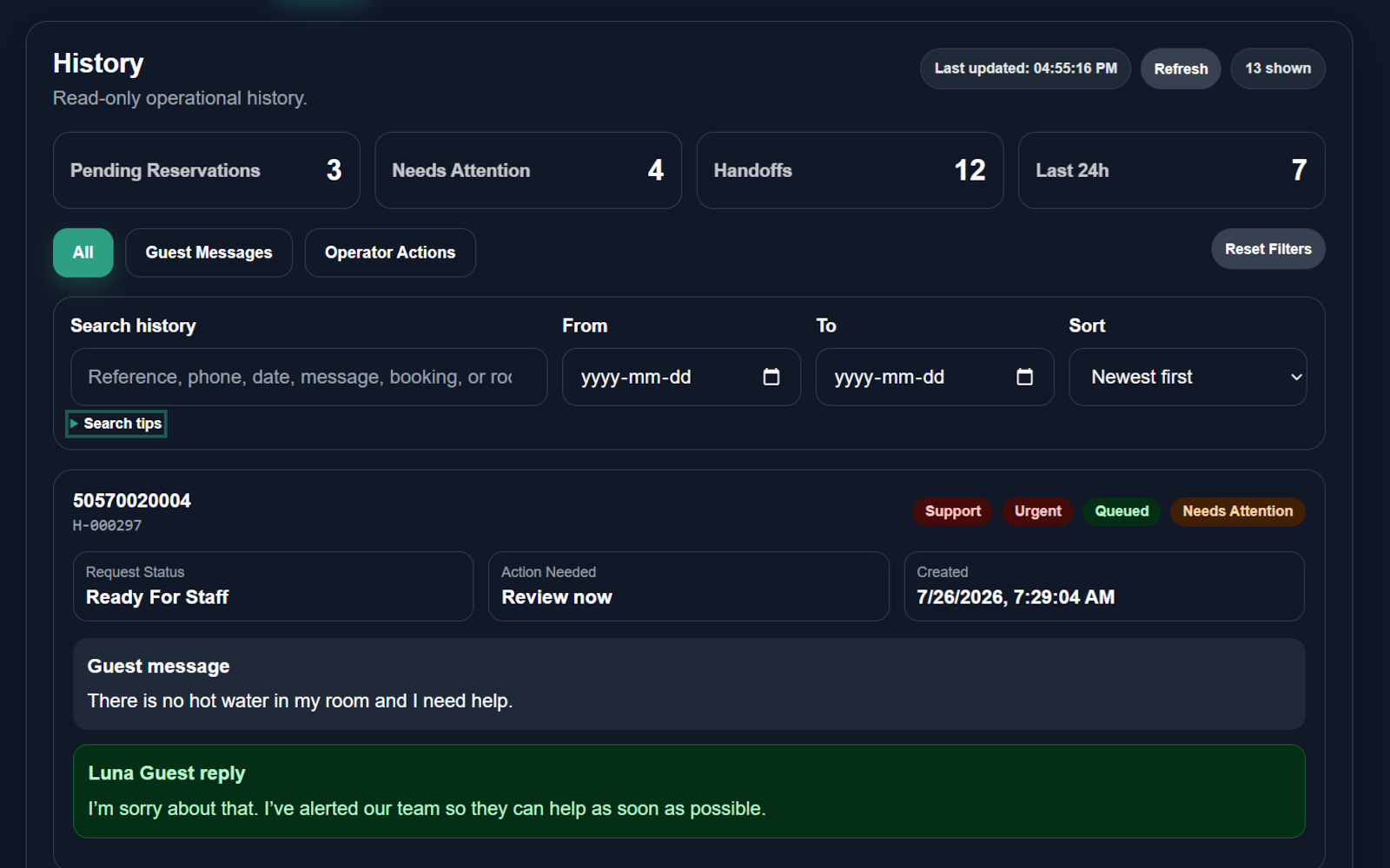 Luna Guest Operational History showing a support request, priority and status information, the guest message, the Luna Guest reply, and the creation timestamp.