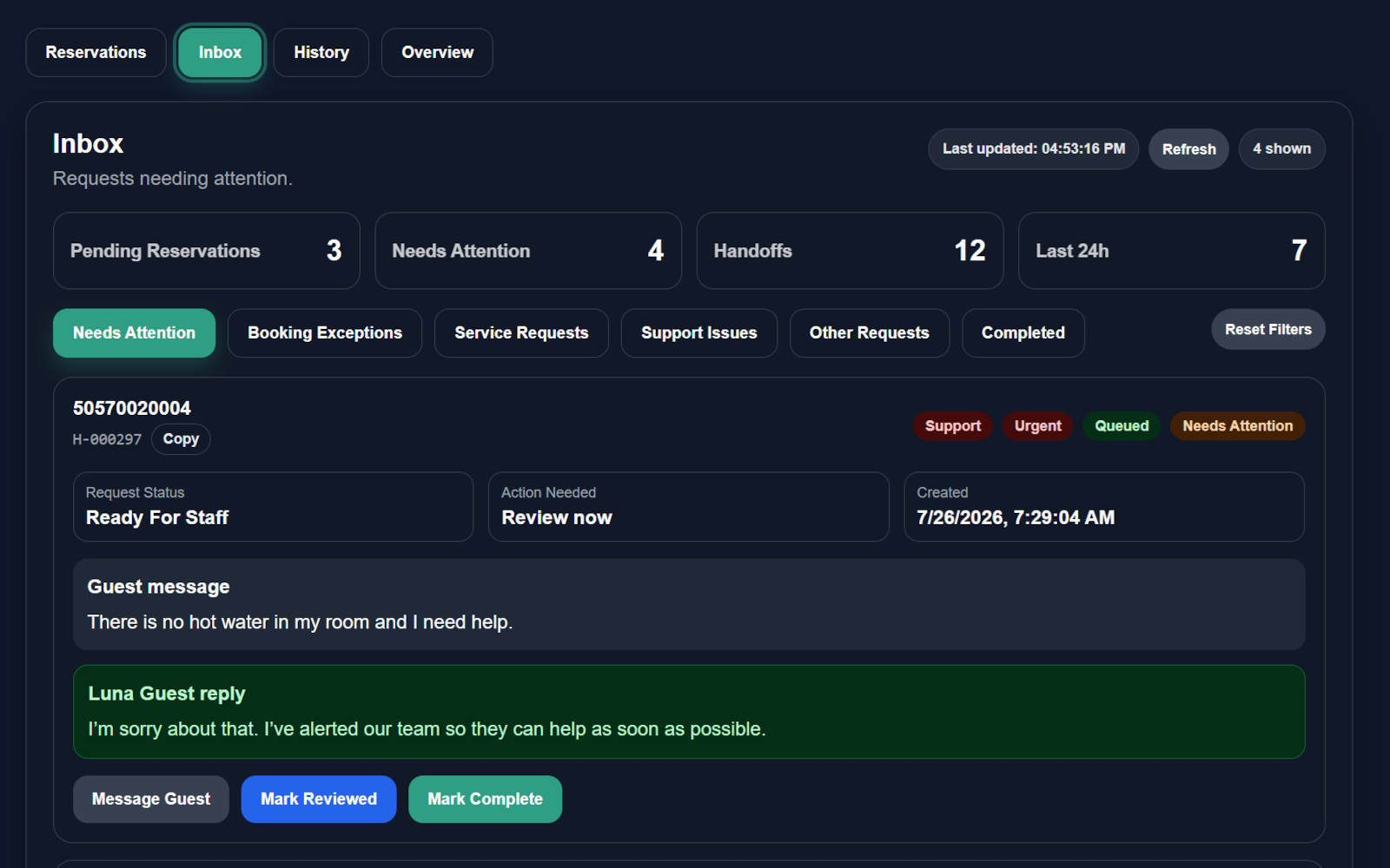 Luna Guest Operator Inbox showing an urgent hot-water request and a reopened WiFi follow-up with priority badges, status badges, and staff action buttons.
